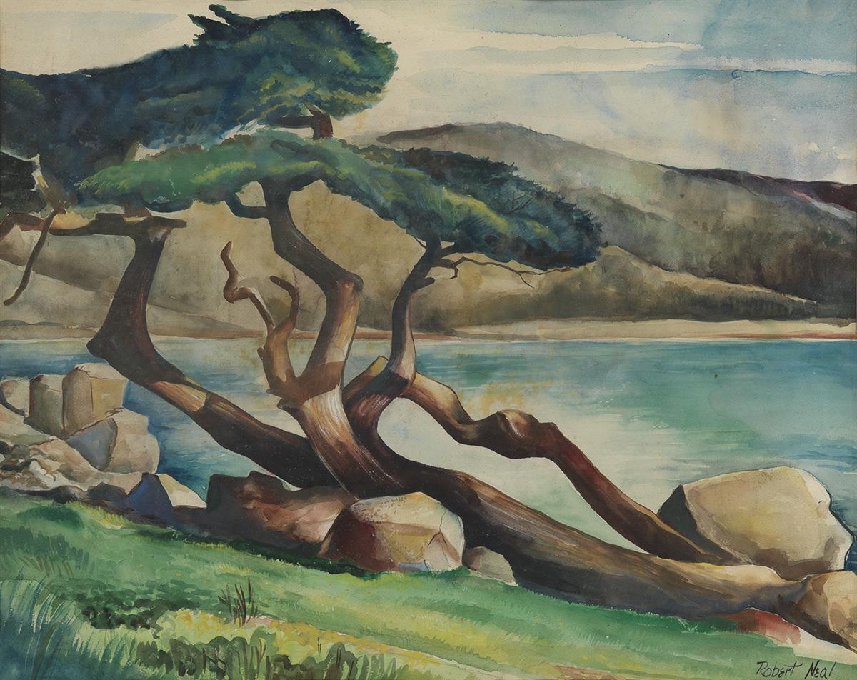 ROBERT NEAL (1916 - 1987) Untitled (Coastal Landscape with Cypress Tree).